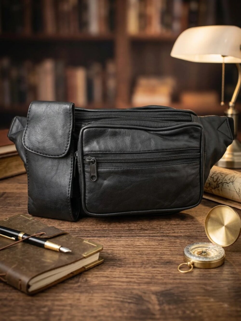 Leather Waist Fanny Pack Travel Belt Bag Travel for Men/Women, Black